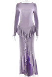 Elegant Solid Color Backless Flounce O Neck Long Dresses