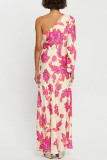 Elegant Floral Print Irregular Contrast Sloping Shoulder Printed Dresses
