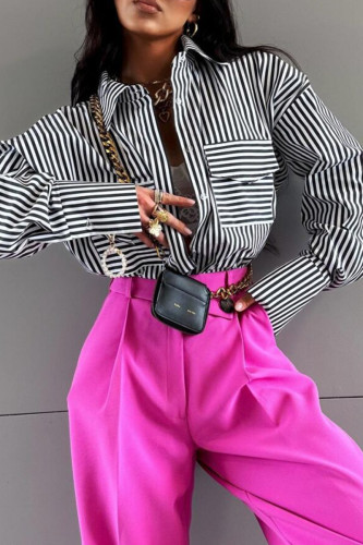Casual Stripe Pocket Patchwork Contrast Turndown Collar Tops