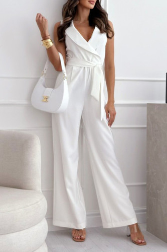 Casual Solid Color Pocket Lace Up V Neck Jumpsuits