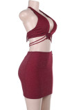 Sexy Solid Color Cross Straps Butterfly Halter Sleeveless Two Pieces