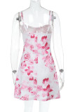 Vacation Floral Print Lace Up Contrast V Neck Printed Dresses