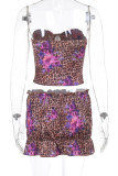 Sexy Flowers Leopard Patchwork Contrast Strapless Sleeveless Two Pieces