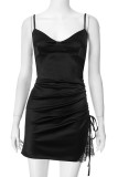 Sexy Solid Color Lace Draw String V Neck Sling Dresses