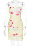 Sexy Floral Print Ruffle Strapless Printed Dresses