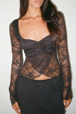 Sexy Solid Color Lace See-Through Slit Square Neck Tops