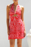 Sexy Geometric Print Backless Contrast Halter Printed Dresses