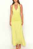 Sexy Solid Color Lace Up Backless Ruched Halter Long Dresses