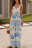 Casual Geometric Print Lace Up V Neck Loose Jumpsuits