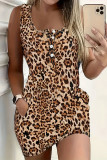 Sexy Leopard Print Pocket Buttons U Neck Wrapped Skirt Dresses