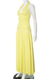 Sexy Solid Color Lace Up Backless Ruched Halter Long Dresses