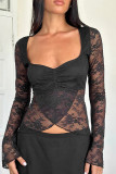 Sexy Solid Color Lace See-Through Slit Square Neck Tops