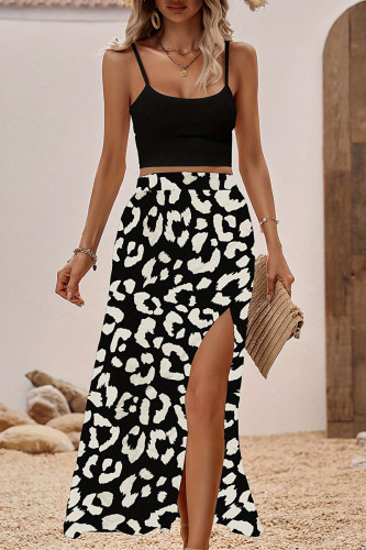 Vacation Geometric Print Slit Contrast U Neck Sleeveless Two Pieces