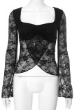 Sexy Solid Color Lace See-Through Slit Square Neck Tops