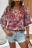 Vacation Floral Print Patchwork Contrast V Neck Tops