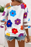 Casual Flowers Print Patchwork Mesh Oblique Collar Tops