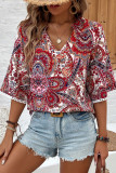 Vacation Floral Print Patchwork Contrast V Neck Tops