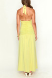 Sexy Solid Color Lace Up Backless Ruched Halter Long Dresses