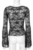 Sexy Solid Color Lace See-Through Slit Square Neck Tops