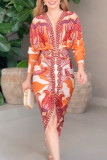 Elegant Floral Print Ruched Contrast V Neck Printed Dresses