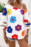 Casual Flowers Print Patchwork Mesh Oblique Collar Tops