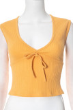 Sexy Solid Color Lace Up Texture V Neck Tops
