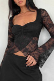 Sexy Solid Color Lace See-Through Slit Square Neck Tops