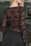 Sexy Solid Color Lace See-Through Slit Square Neck Tops