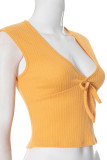 Sexy Solid Color Lace Up Texture V Neck Tops