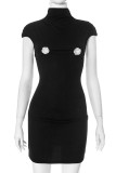 Casual Solid Color Contrast Flower Shape Turtleneck Wrapped Skirt Dresses