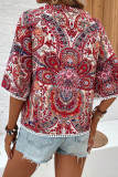 Vacation Floral Print Patchwork Contrast V Neck Tops
