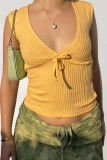Sexy Solid Color Lace Up Texture V Neck Tops