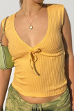 Sexy Solid Color Lace Up Texture V Neck Tops