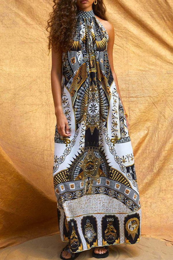 Casual National Totem Print Lace Up Contrast O Neck Long Dresses