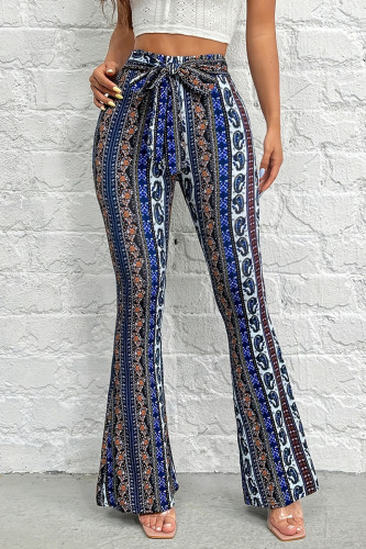Casual Geometric Print Lace Up Contrast Skinny High Waist Full Print Bottoms