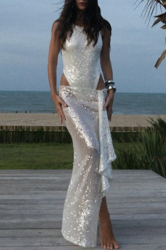 Sexy Solid Color Sequins Mesh O Neck Sleeveless Two Pieces