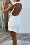 Sexy Solid Color Pocket Backless Halter Sleeveless Two Pieces