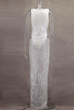 Sexy Solid Color Sequins Mesh O Neck Sleeveless Two Pieces
