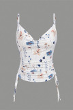 Sexy Floral Print Draw String U Neck Tops