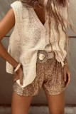 Casual Flowers Buttons Weave V Neck Tops