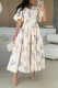 Elegant Floral Print Lace Up V Neck A Line Short Sleeve Dress
