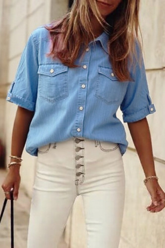Casual Solid Color Buttons Turndown Collar Tops