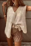 Casual Flowers Buttons Weave V Neck Tops
