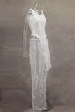 Sexy Solid Color Sequins Mesh O Neck Sleeveless Two Pieces