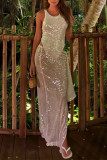 Sexy Solid Color Sequins Mesh O Neck Sleeveless Two Pieces