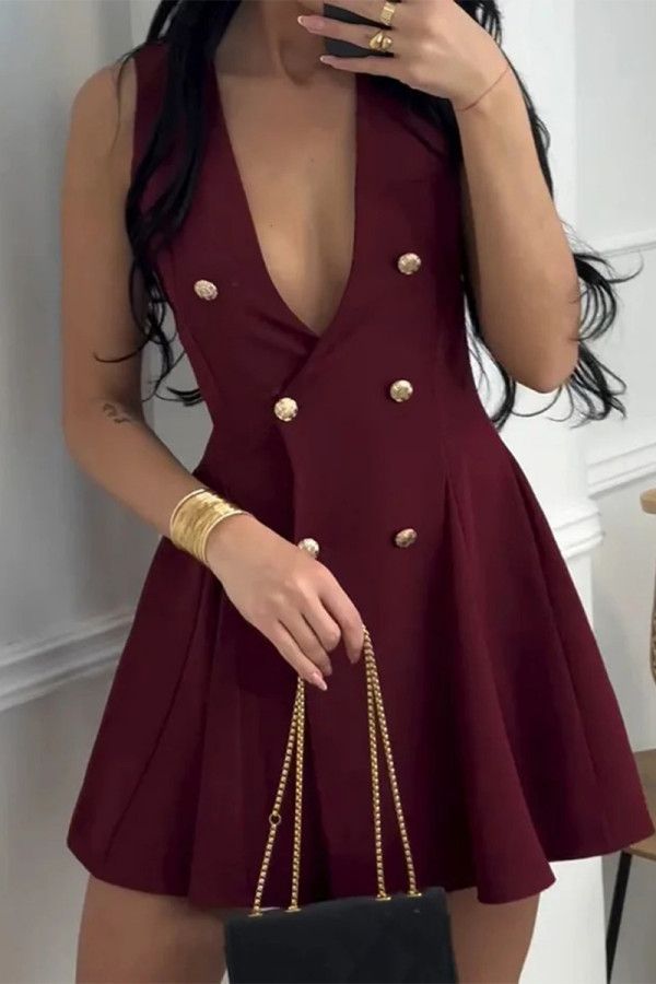 Sexy Solid Color Buttons Sleeveless Dresses