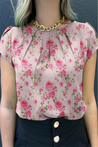 Casual Floral Print Hollow Out Ruched O Neck T-Shirts