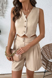 Casual Solid Color Buttons V Neck Sleeveless Two Pieces