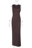 Elegant Solid Color Ruched O Neck Long Dresses