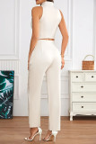 Casual Solid Color Pocket Buttons Ruched V Neck Sleeveless Two Pieces
